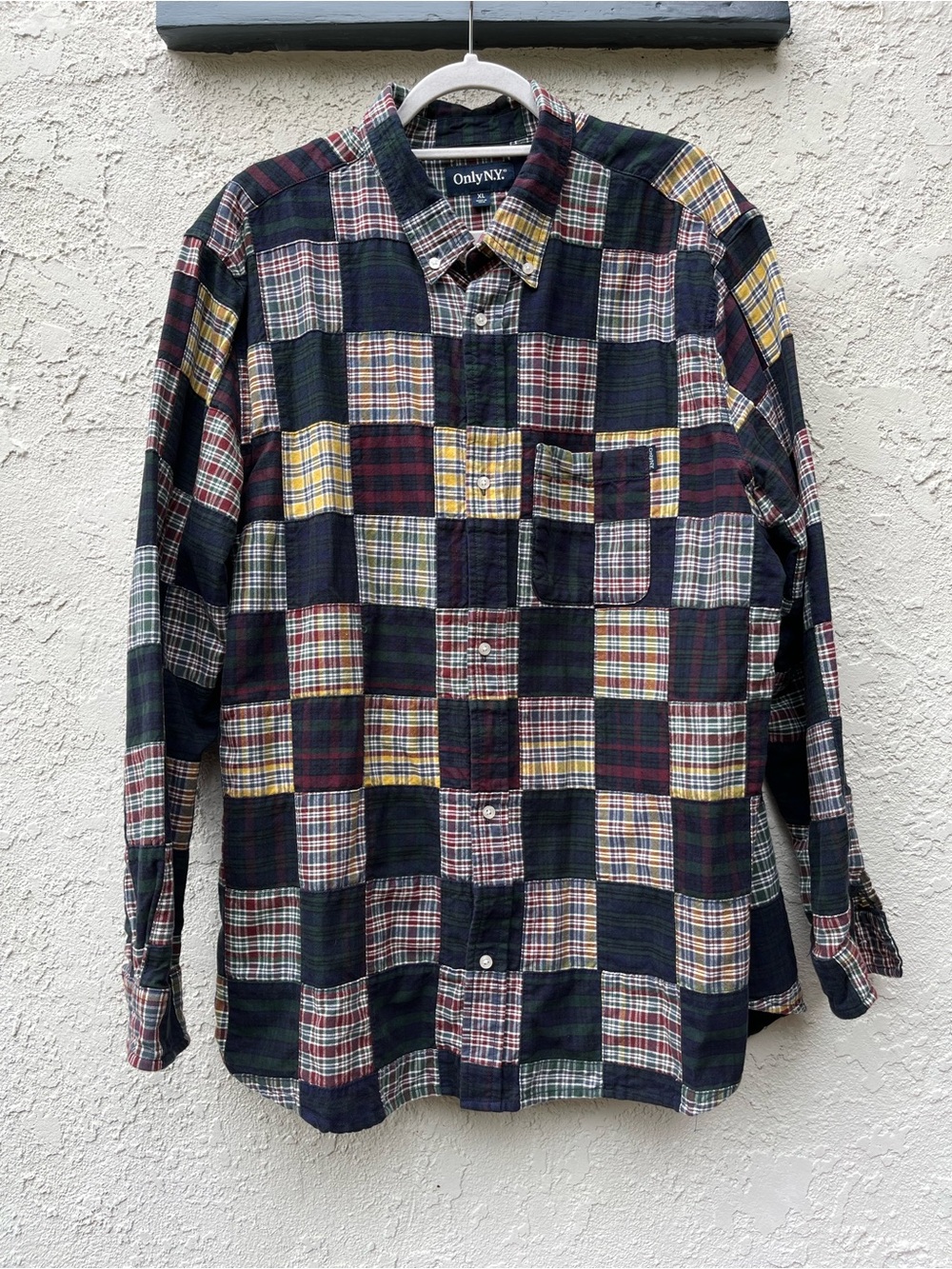 Only NY Patchwork Plaid Button-Down Shirt - Navy Multi